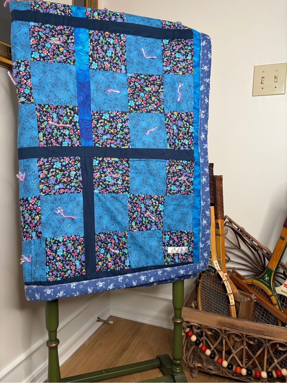 Handmade Blue Floral Patchwork Quilt - Blue